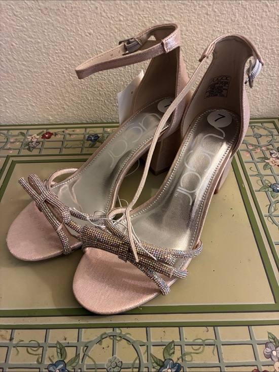 Sugar Shoes - Sugar Blush Pink Satin Block Heel Sandals with Crystal Bow